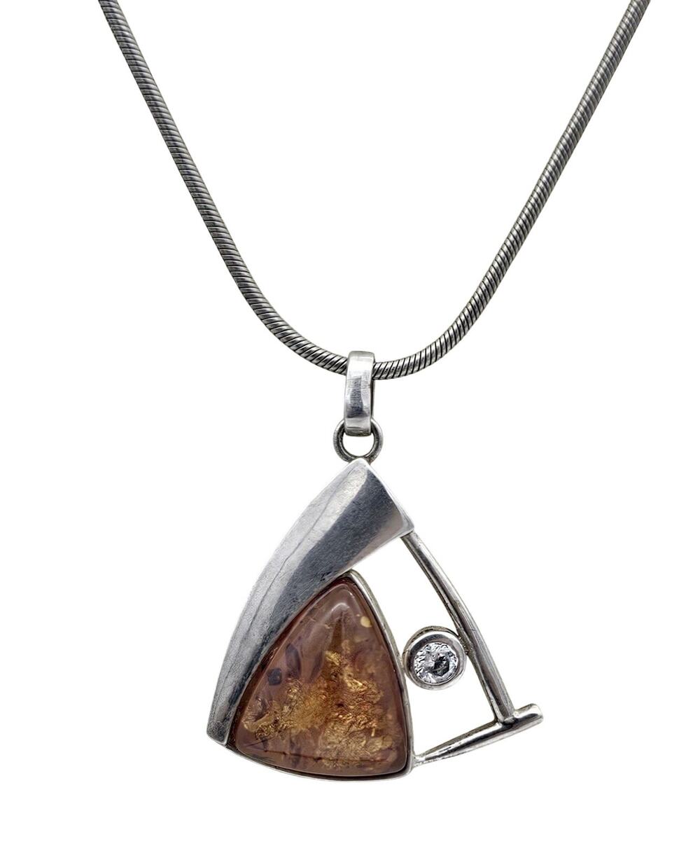 Vtg Natural Baltic Amber Sterling Silver Modernist Pendant Necklace Wchain Italy